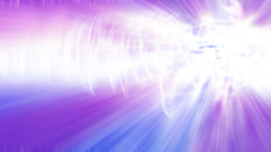 Bright white energy radiating over a purple backdrop
