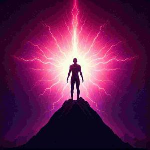 The dark silhouette of a male lightworker stands atop a mountain. He radiates light mojoe from his very being. The sky is dark around him, save for the light.