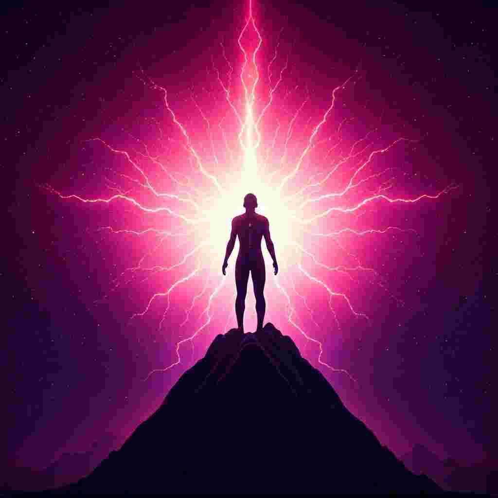 The dark silhouette of a male lightworker stands atop a mountain. He radiates light mojoe from his very being. The sky is dark around him, save for the light.