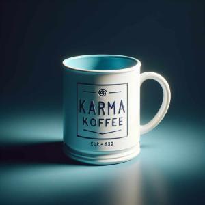 A light colored coffee mug with the handle facing to the right. The words Karma Koffee appear in block boxed in with a border. The mug sits upon a dark surface and is lit from above.