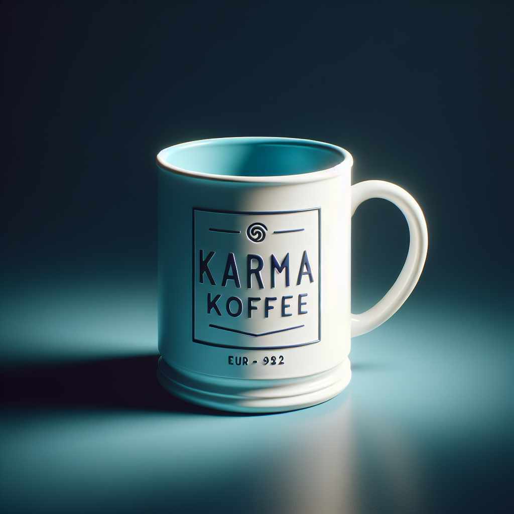 A light colored coffee mug with the handle facing to the right. The words Karma Koffee appear in block boxed in with a border. The mug sits upon a dark surface and is lit from above.