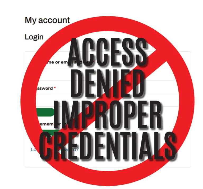 A red circle with a slash, the general prohibition sign, sits atop a login dialog box for Mojoe Masters to check in. Over the prohibition sign are the words "Access Denied Improper Credentials" in bold black typeface.