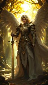A beautiful angel stands in a yellow tinged forest. She holds a sword in her right hand with the point down into the ground. She has mighty wings and a serious expression