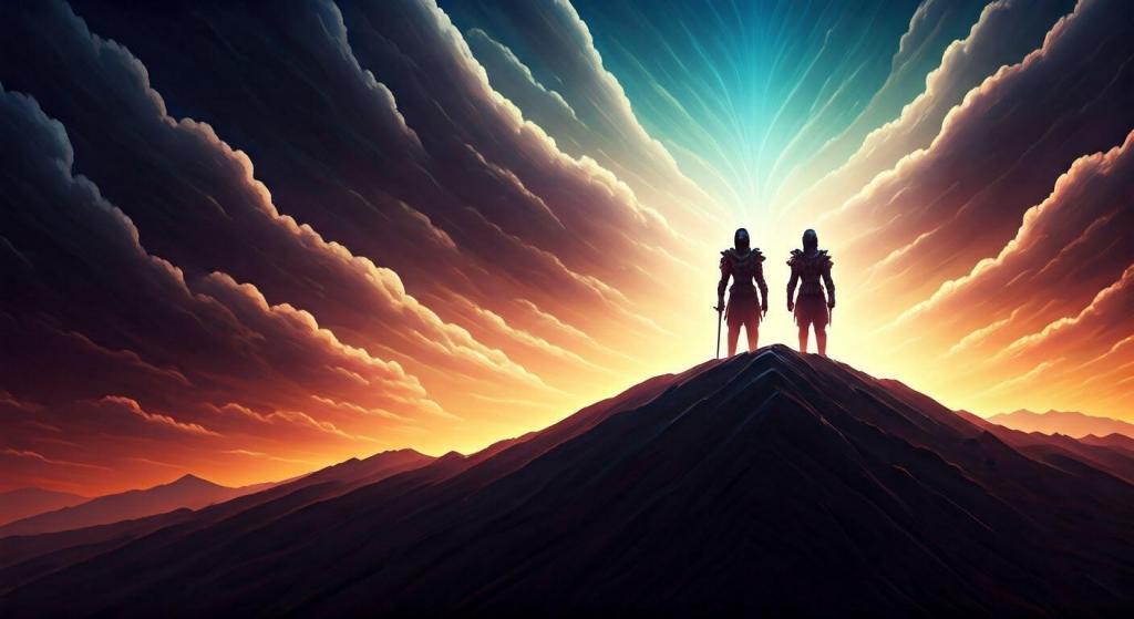 Two brave Spin Positive Mojoe Masters stand on top of Misslehorn Mountain during the battle of Kimber Valley. There is a striking sky with radiant colors
