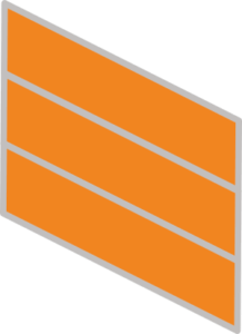 The orange level master rank is three orange parallelograms stacked upon each other and sloping downward to the right with a silver border.