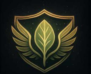 A bronze shield on a black background. In front of the shield is a leaf standing vertically with its stem to the ground. It is also bronze. A bronze pair of angel wings flank the sides of the leaf.