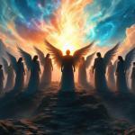 Thirteen radiant angels stand upon a mountaintop with wings raised. The sky is vibrant and full of energy. Mountains loom in the distance. They stand upon the rocky mountaintop.