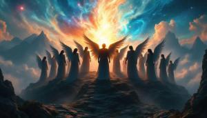 Thirteen radiant angels stand upon a mountaintop with wings raised. The sky is vibrant and full of energy. Mountains loom in the distance. They stand upon the rocky mountaintop.