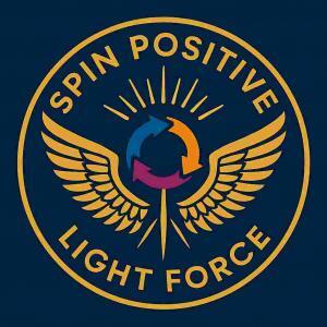 A blue background, square in shape. Overlay is a thin gold circle. Inside the circle are the arcing words Spin Positive along the top and Light Force along the bottom. In the center is a majestic pair of angel's wings. In the center of those is a circle of three arrows. The Spin Positive Tri Arrow. Three arrows in a circle pointed to the right. The first is medium blue, the second is tangerine, the third is magenta. Above the circle are nine rays of gold light.