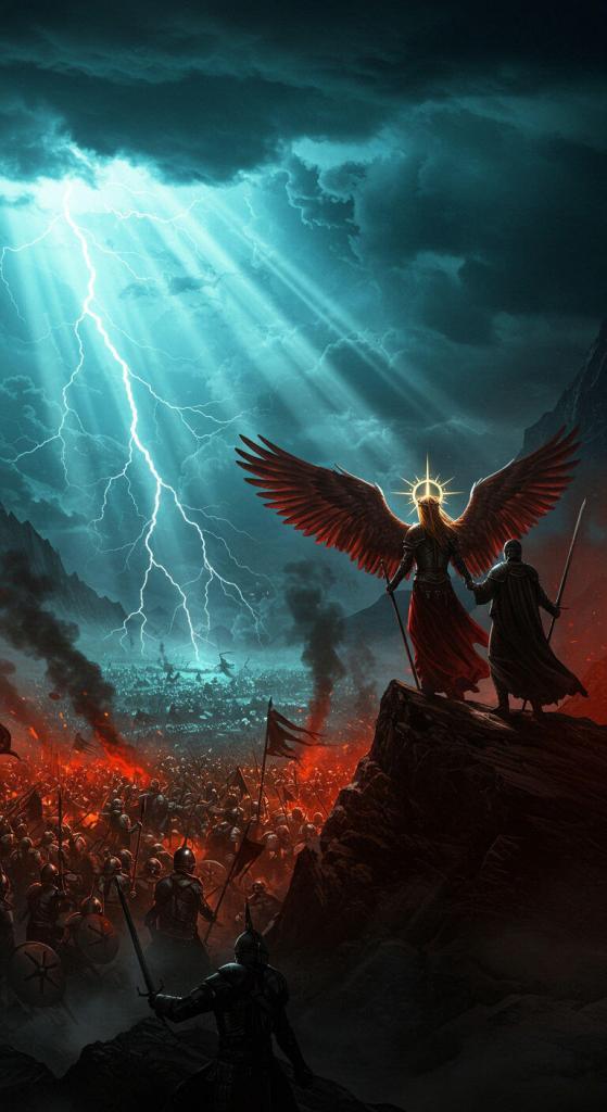 A Spin Positive Mojoe Master and an Archangel watch from an elevated position as a battle ranges below. Light and lightning streak from the upper left hand corner where a dark cloud lives.