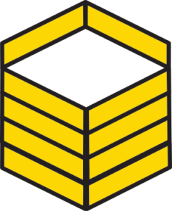 A set of four chevrons, yellow in color pointed down with one top kick yellow chevron on top pointed up.