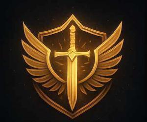 A bronze shield on a black background. In front of the shield is a sword standing vertically with its point to the ground. It is also bronze. A bronze pair of angel wings flank the sides of the sword.