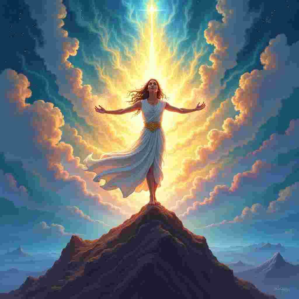 A female mojoe master in a white dress stands atop a rocky mountain. Several rocky peaks are off in the distance. She faces the camera with arms outstretched receiving mojoe from the air around her. In the sky are billowy white clouds. A ray of light shines above her head and on the clouds.