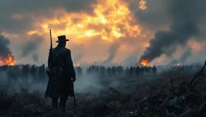 A civil war soldier in a period appropriate hat and uniform holds a rifle while watching a battle rage in front of him. His back is turned to us as he witnesses fire and smoke billowing from the battlefield.