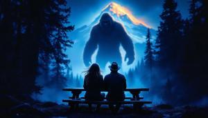A blue-tinged photo shows a couple sitting at a picnic table with their backs to the camera. In front of them is a majestic mountain. Between the mountain and them stands an impressively large sasquatch. Trees are found on both sides framing the image.