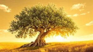 A majestic olive tree full of fruit is centered in a golden hued landscape. The morning sun breaks dawn over the horizon enveloping the scene in beautiful golden light.
