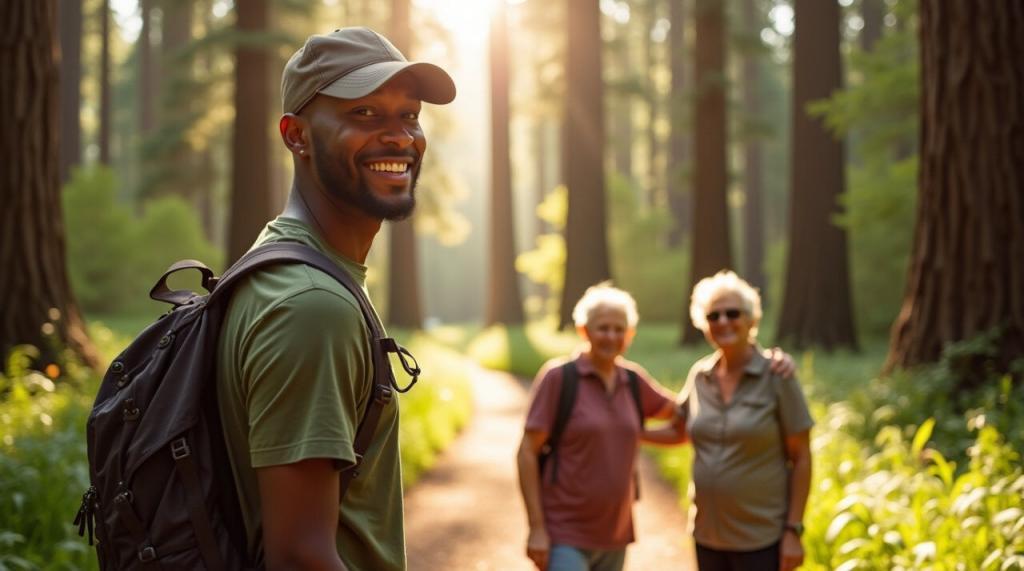 A smiling young slender black man stands on a trail in the redwood forest facing the camera. He has on a ball cap and a backpack on his back. In the background is a couple of older white ladies he had been carrying a conversation with. Tall redwood trees dot the landscape and lush green foliage covers the ground.