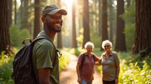 A smiling young slender black man stands on a trail in the redwood forest facing the camera. He has on a ball cap and a backpack on his back. In the background is a couple of older white ladies he had been carrying a conversation with. Tall redwood trees dot the landscape and lush green foliage covers the ground.