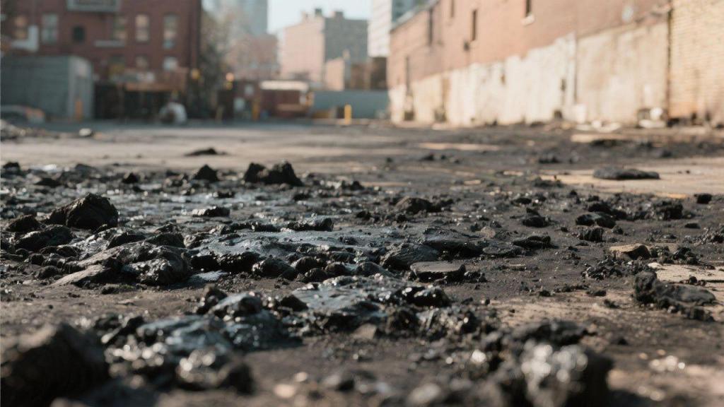 puddles of nasty, gooey, tar dot the foreground of an industrial alleyway. Building line the side and tall dark buildings dot the horizon. General industrial offal is found throughout the alley.