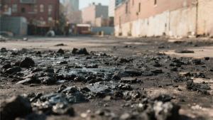 puddles of nasty, gooey, tar dot the foreground of an industrial alleyway. Building line the side and tall dark buildings dot the horizon. General industrial offal is found throughout the alley.