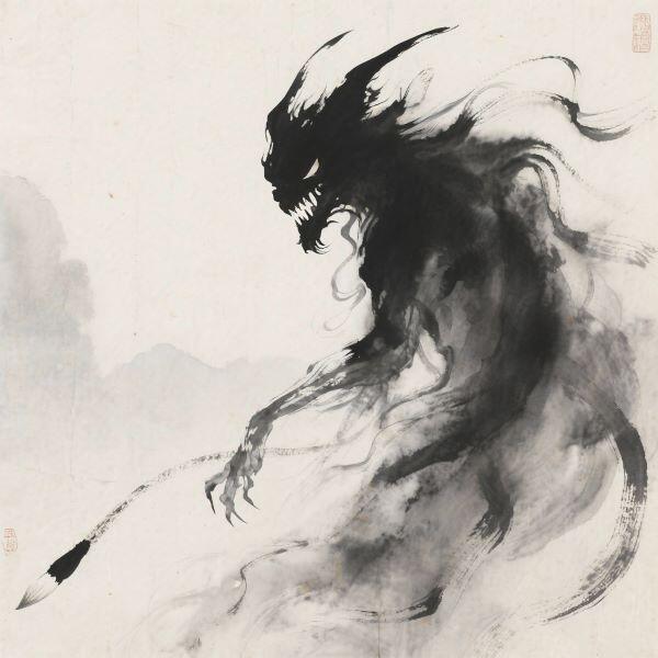 A dark worker appearing to made of smoke-like negative dark mojoe stands to the right of the graphic. All we can make out is a sinister face with what appears to be horns and one sinewy arm. The face is marked with piercing slit eyes and sharp teeth.