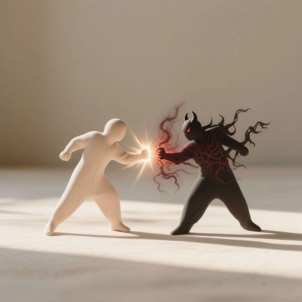 A positive energy being stands on the left with his fist of light. To the right is a negative energy dark worker in all black emitting dark mojoe into his aura. They are battling it out for control of the universe in a bland empty room.