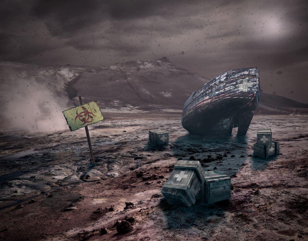 A dark scene at night of a small ship or large boat ran aground on a dirty muddy beach. A biohazard sign on a crooked post dots the foreground. A large, dark, forboding mountain is seen in the background.