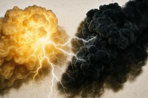 A bright cloud backlit by the sun in a golden hue shoots lightning bolts at a cloud of dark mojoe. This battle is taking place high up in the sky.