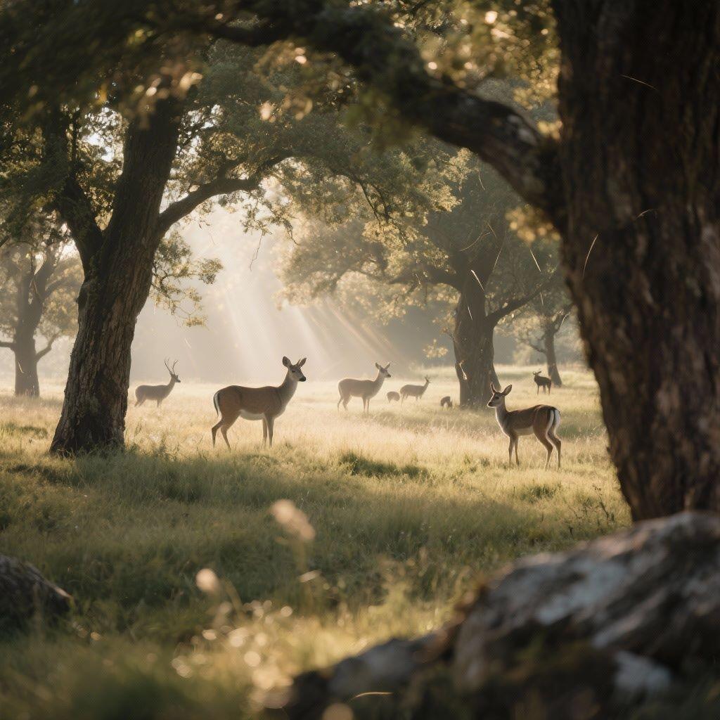 A beautiful scene in a lightly wooded forest unfolds. As we look through the trees, we see six magnificent deer of various genders and a varying distances from the viewpoint. They all are broadside to the viewpoint and appear to be interested in something in that general direction.