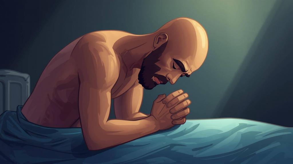 This picture depicts Mojoe Mike making his deal to receive the core enlightenment. The only thing is that Mojoe Mike is about a hundred pounds underweight here. Mike was super chubby when the deal was made. This picture depicts a trim thirty something white man with a bald head and thick brown beard. The man is laying in bed leaning forward, hands clasped, in a praying position. He is shirtless and a light colored sheet covers his bottom half. His eyes are closed and he is in deep communication with Spirit, he is just completely unaware at this time how incredibly things would turn out.