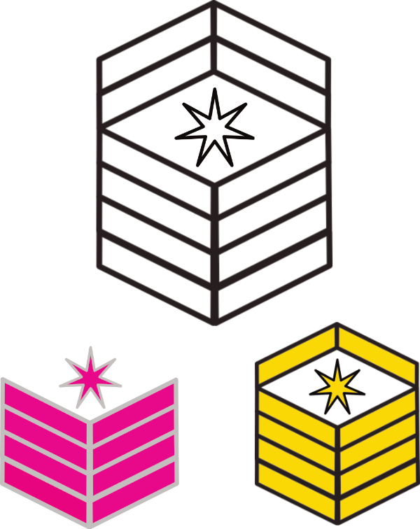 A pyramid of Mojoe Master Command Rank Insignias. On the top is the white level insignia, four white chevrons pointed down with two pointed up above outlined in black. The diamond in the middle holds a white seven pointed star outlined in black. On the bottom left is the pink level insignia, four pink chevrons pointed down with a pink seven pointed star on top. On the bottom right is the yellow level insignia. Four yellow chevrons pointed down with one yellow chevron on top. In the middle diamond is a yellow seven pointed star all chevrons and stars outlined in black.