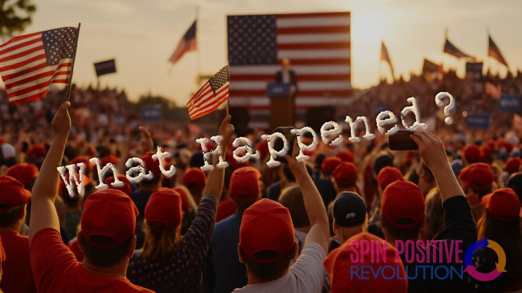 A group of middle-class people attend a political rally late in the day. The crowd faces a stage with a lectern. There chosen leader is on the stage giving a fiery speech in front of an American Flag Backdrop. Red ball caps dot the heads of the flag-waving crowd. The sun sets behind the stage.