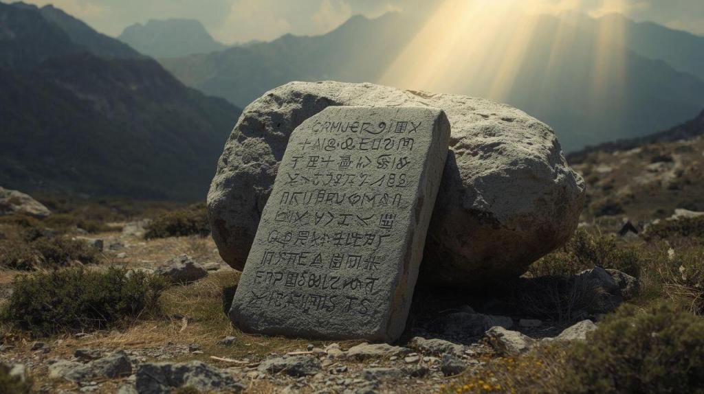 A tablet of stone more tall than wide leans up against a boulder in the center of the image. It is a mountainous scene with various crags, rocks, and scrub plants scattered about. On the stone tablet indecipherable text of hieroglyphics form several lines. This text represents the Golden Rule that humanity is supposed to follow based on the Universe's direction. The atmosphere is foggy and a bit dark. A ray of sunlight beams down from the upper right and shines on the boulder and tablet.