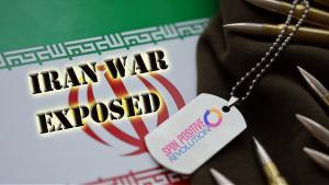 The background of this thumbnail image consists of an Iranian flag strewn across, covered up halfway on the right hand side with a dark green fabric. Upon this fabric lays seven AK-47 rounds and a silver dog tag chain with the spin positive revolution logo affixed. Along the left-hand middle of the image are the words in dark green text, outlined in yellow: Iran War Exposed.
