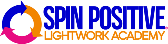 To the left is the Spin Positive Tri-Arrow Logo featuring three consecutive arrows facing right and forming a circle. The arrow to the left is medium blue, the arrow to the right is tangerine, the arrow on the bottom is magenta. To the right of the arrow logo are the words Spin Positive in medium blue and large block typeface stacked above the words Lightwork Academy in tangerine.