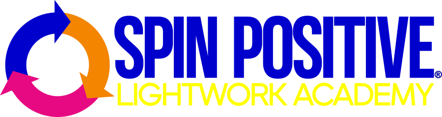 To the left is the Spin Positive Tri-Arrow Logo featuring three consecutive arrows facing right and forming a circle. The arrow to the left is medium blue, the arrow to the right is tangerine, the arrow on the bottom is magenta. To the right of the arrow logo are the words Spin Positive in medium blue and large block typeface stacked above the words Lightwork Academy in bright yellow.