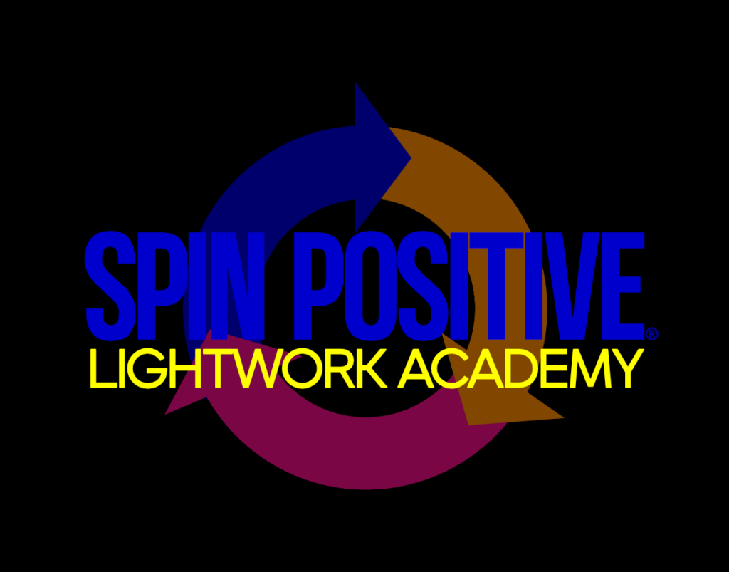 The words "Spin Positive" in large blue block typeface over the words "Lightwork Academy" in yellow block typeface. These words are superimposed over a faded Circle of three arrows. The left arrow is medium blue, the right arrow is tangerine, the bottom arrow is magenta. All of this sits over a black background