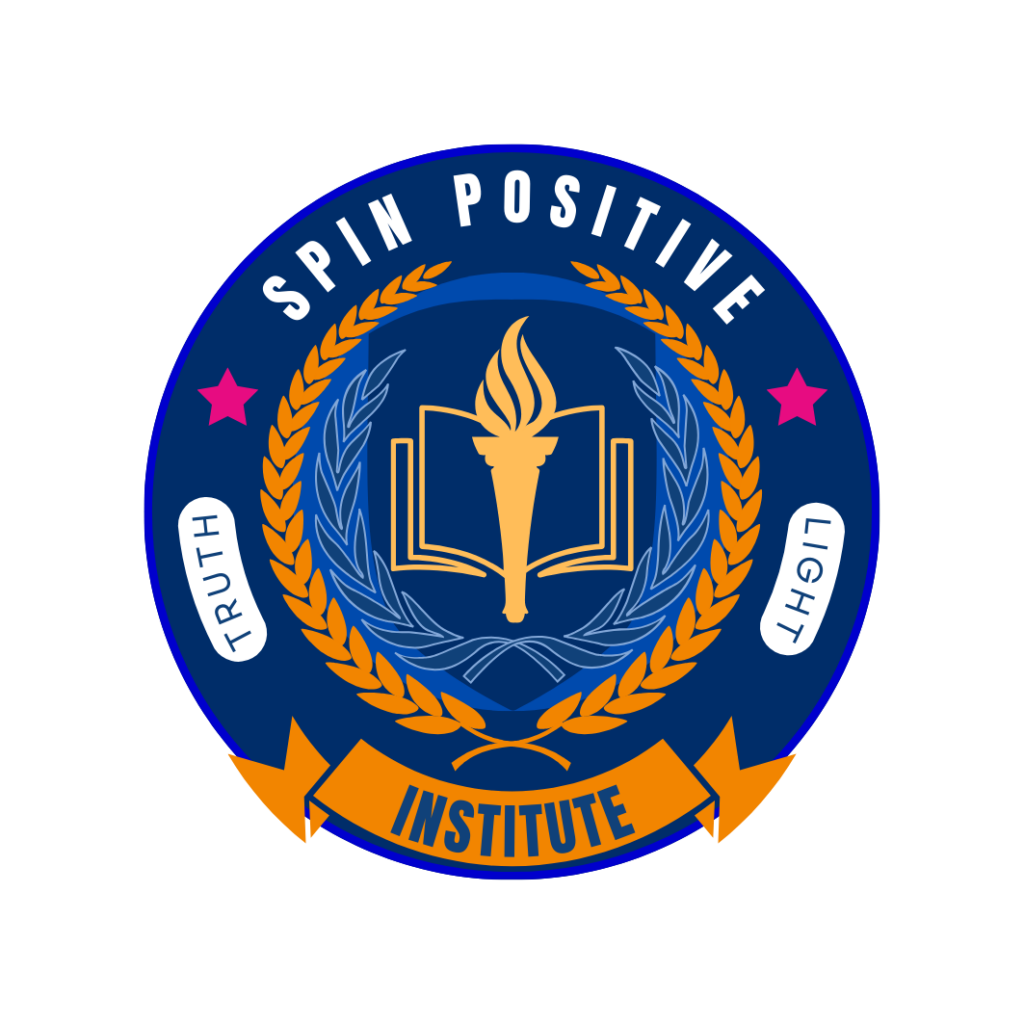 The Spin Positive Institute Seal consisting of a round navy blue circle with the words Spin Positive in white block typeface along the top arc, the word institute along the bottom arc set upon a tangerine ribbon folded at the sides. The word truth is found along the left arc, with the word light found on the right arc. In the center is a green torch imposed over a tangerine book with pages open. Both are surrounded by a light blue and orange laurel. Magenta stars flank the words Spin Positive at the top.