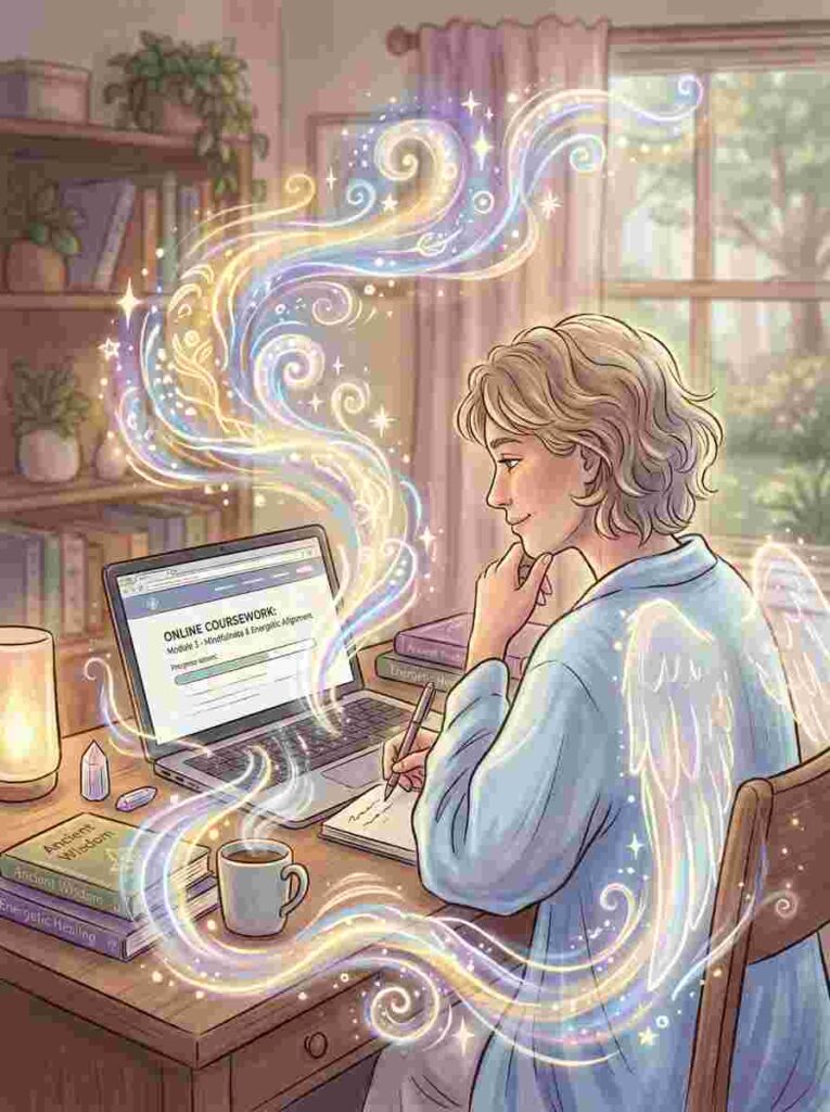 A cartoon depiction of a young, blonde-haired female lightworker sitting at a desk engaged in online coursework. She is wearing a long sleeve blouse and pants. The chair is brown and made of wood. The desk has on it her laptop, a notebook which she is jotting something down with a pencil, a cup of coffee and some books. There is beautiful, vibrant positive energy flowing from her laptop as she studies.