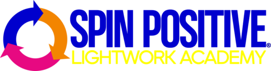 To the left is the Spin Positive Tri-Arrow Logo featuring three consecutive arrows facing right and forming a circle. The arrow to the left is medium blue, the arrow to the right is tangerine, the arrow on the bottom is magenta. To the right of the arrow logo are the words Spin Positive in medium blue and large block typeface stacked above the words Lightwork Academy in bright yellow.